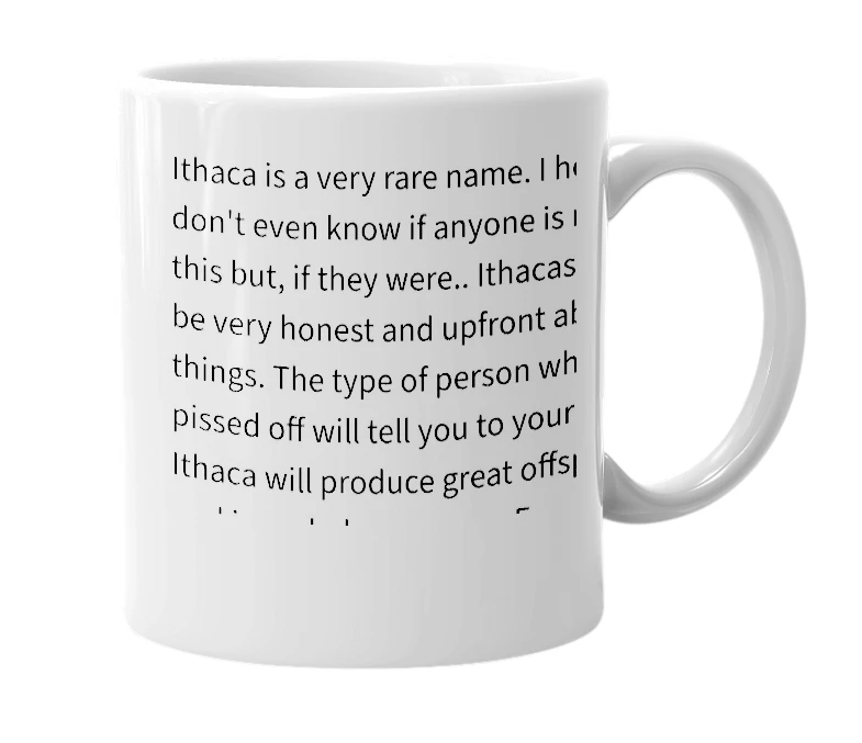 White mug with the definition of 'Ithaca'